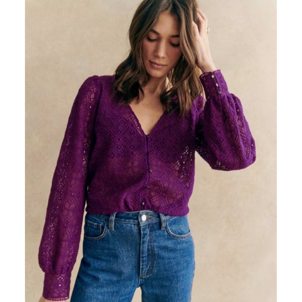 Sezane Gaya Blouse Purple Sz 34 XS Cotton Blend Lace